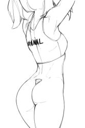 Rule 34 | 1girl, arms up, ass, breasts, clothes writing, cowboy shot, dash ravo, from behind, greyscale, highres, long hair, medium breasts, monochrome, original, shirt, solo, standing