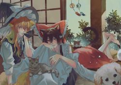 Rule 34 | 2girls, aihara-rina, animal ear fluff, animal ears, apron, arm support, barefoot, black gloves, black hair, black headwear, black skirt, black vest, blonde hair, blush, bow, brown eyes, buttons, cat, cat ears, cat tail, collared shirt, commentary, dog, dog ears, dog tail, fingernails, frilled bow, frilled hair tubes, frills, gloves, hair between eyes, hair bow, hair over shoulder, hair tubes, hakurei reimu, hat, hat bow, highres, indoors, kemonomimi mode, kirisame marisa, long hair, looking at viewer, lying, medium hair, mouth hold, multiple girls, neck ribbon, on lap, on stomach, parted lips, plant, red bow, red skirt, ribbon, shirt, sidelocks, sitting, skirt, skirt set, smile, tail, touhou, vest, waist apron, white apron, white bow, white ribbon, white shirt, wind chime, witch hat, yellow eyes