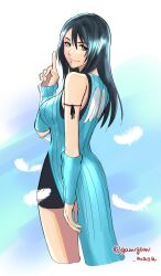 Rule 34 | 1girl, arm warmers, black eyes, black hair, black skirt, blue background, blue dress, breasts, dress, feathers, final fantasy, final fantasy viii, from side, gamigami maou (artist), hair between eyes, highres, looking to the side, medium breasts, pointing, pointing up, rinoa heartilly, skirt, smile, solo, twitter username