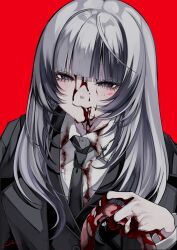 Rule 34 | 1girl, 402 (o0 xxx), :3, black coat, black necktie, blood, blood in mouth, blood on clothes, blood on face, blood on hands, blunt bangs, coat, collared shirt, grey eyes, grey hair, half-closed eyes, highres, holding, light blush, long eyelashes, long hair, long sleeves, looking at viewer, multicolored hair, necktie, organs, original, red background, shirt, sidelocks, signature, simple background, smile, smug, solo, streaked hair, trench coat, two-tone hair, upper body, white shirt