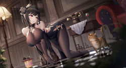 Rule 34 | 1girl, absurdres, all fours, antique phone, ass, ass cutout, azur lane, black dress, black flower, black hair, black rose, bodystocking, breasts, brown gloves, cat, chair, checkered floor, chen hai (azur lane), chen hai (vestibule of wonders) (azur lane), china dress, chinese clothes, clothing cutout, corded phone, dress, elbow gloves, flower, full body, gloves, highres, holding, holding tray, indoors, jfzm001, lace, lace-trimmed gloves, lace trim, lamppost, large breasts, manjuu (azur lane), official alternate costume, pelvic curtain, phone, red eyes, reflective floor, rose, rotary phone, taut clothes, taut dress, tight clothes, tight dress, tray
