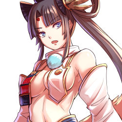 Rule 34 | 1girl, arpeggio kaga, bare shoulders, black hair, blue eyes, breasts, cleavage, detached collar, detached sleeves, fate/grand order, fate (series), hair ornament, highres, long hair, looking at viewer, medium breasts, open mouth, parted bangs, revealing clothes, side ponytail, solo, upper body, ushiwakamaru (fate), very long hair, white background