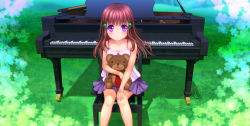 Rule 34 | 1girl, absurdres, blush, brown hair, camisole, chair, closed mouth, collarbone, day, grass, hair bobbles, hair ornament, hand on own knee, highres, instrument, long hair, looking at viewer, mutsuki (moonknives), original, outdoors, piano, pleated skirt, purple eyes, purple skirt, skirt, smile, solo, stuffed animal, stuffed toy, teddy bear, tree, yui (moonknives)