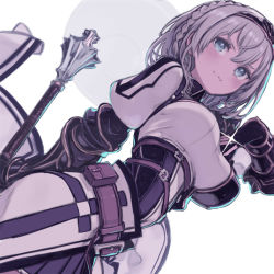 Rule 34 | 1girl, belt, blush, braid, breasts, commentary request, corset, dress, gauntlets, green eyes, holding, holding weapon, hololive, jewelry, kuroboshi kouhaku, large breasts, mace, pleated skirt, ring, shirogane noel, short hair, silver hair, skirt, smile, solo, sparkle, tiara, virtual youtuber, weapon