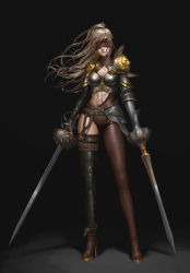 Rule 34 | 1girl, absurdres, ankle boots, armor, asymmetrical armor, asymmetrical gloves, asymmetrical legwear, belt, belt buckle, black gloves, black thighhighs, blindfold, bodysuit, boobplate, boots, breastplate, breasts, brown bodysuit, brown footwear, brown hair, buckle, closed mouth, couter, dual wielding, fencing, fingerless gloves, floral print, full body, garter straps, gauntlets, gloves, hair ornament, hair tie, highres, holding, holding sword, holding weapon, kongjian bo, legs apart, lips, medium breasts, midriff, navel, original, pauldrons, pink lips, ponytail, print thighhighs, rapier, shoulder armor, shoulder pads, single thighhigh, solo, standing, sword, thigh strap, thighhighs, toned, uneven gloves, uneven legwear, weapon