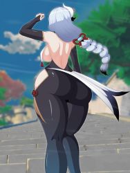 Rule 34 | 1girl, ass, ass focus, bare shoulders, bodysuit, braid, breasts, bridal gauntlets, from behind, from below, genshin impact, hair ornament, highres, huge ass, large breasts, long hair, low-braided long hair, low-tied long hair, naver, no bra, shenhe (genshin impact), shiny clothes, shiny skin, sideboob, skin tight, solo, thick thighs, thighs, very long hair