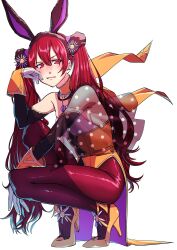Rule 34 | 1girl, aduti momoyama, animal ears, breasts, choker, closed mouth, collarbone, daisy, fake animal ears, fire emblem, fire emblem awakening, fire emblem heroes, flower, frilled choker, frills, full body, gloves, hair between eyes, high heels, highres, leotard, long hair, multicolored clothes, multicolored gloves, multicolored leotard, nintendo, official alternate costume, orange choker, orange footwear, orange gloves, orange leotard, pantyhose, polka dot, purple flower, rabbit ears, red eyes, red hair, red pantyhose, see-through, severa (fire emblem), shoes, simple background, small breasts, squatting, tiptoes, white background, white flower, white gloves, white leotard