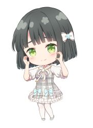 1girl :d arms_up black_hair blue_footwear blunt_bangs blunt_ends blush bob_cut bow breasts chibi chibi_only dress flower_stand_art frilled_dress frills green_eyes grey_dress hair_bow hanazora_satsuki hands_on_own_cheeks hands_on_own_face heart heart_hands holiday_holiday_(love_live!) link!_like!_love_live! looking_at_viewer love_live! mary_janes medium_breasts momose_ginko neck_ribbon official_alternate_costume open_mouth pantyhose plaid_clothes plaid_dress puffy_short_sleeves puffy_sleeves ribbon shoes short_dress short_hair short_sleeves simple_background smile solo standing virtual_youtuber white_background white_pantyhose white_ribbon white_sleeves