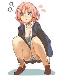 Rule 34 | 1girl, ?, backpack, bag, blue eyes, chestnut mouth, iwanishi, loafers, looking at viewer, no socks, open clothes, open shirt, original, panties, pink hair, shirt, shoes, solo, squatting, striped clothes, striped panties, underwear