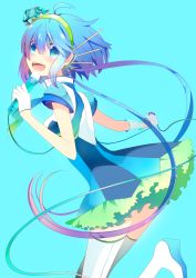 Rule 34 | 1girl, absurdres, aoki lapis, aqua background, bad id, bad pixiv id, blue eyes, blue hair, blue theme, gloves, highres, long hair, matching hair/eyes, microphone, music, open mouth, scarf, singing, smile, solo, temari (deae), thighhighs, twintails, very long hair, vocaloid, white thighhighs, zettai ryouiki