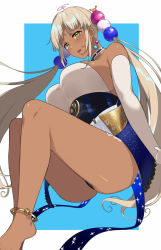Rule 34 | 1girl, ahoge, anklet, ass, backless outfit, bare shoulders, barefoot, blonde hair, blue leotard, blue skirt, blush, breasts, choker, dark-skinned female, dark skin, elbow gloves, gloves, hai ookami, hair ornament, highres, hololive, hololive english, jewelry, large breasts, legs, leotard, leotard under clothes, long hair, looking at viewer, open mouth, overskirt, planet hair ornament, platinum blonde hair, skirt, solo, starry sky print, thong leotard, tsukumo sana, tsukumo sana (1st costume), twintails, underbust, very long hair, virtual youtuber, white choker, white gloves, yellow eyes