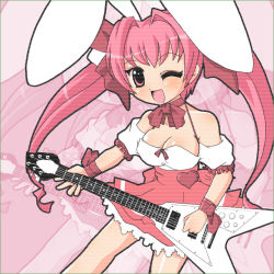 Rule 34 | 1girl, animal ears, rabbit ears, di gi charat, electric guitar, guitar, instrument, one eye closed, solo, usada hikaru, wink