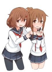 Rule 34 | 10s, 2girls, bad id, bad pixiv id, bare shoulders, bdsm, blush, bondage, bound, bound wrists, brown eyes, brown hair, clothes pull, coupon (skyth), fang, hair ornament, hairclip, ikazuchi (kancolle), inazuma (kancolle), kantai collection, miniskirt, multiple girls, open mouth, rope, shirt pull, skirt, tears, thighhighs