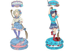 Rule 34 | 2girls, ;d, arm up, beret, blonde hair, blue eyes, blue footwear, blue hair, blue hat, blue skirt, blush, boots, bottle, breasts, cotton candy, curly hair, english text, flower, food, fork, full body, hat, holding, holding fork, jam, jari (jyarijyari999), leg up, long sleeves, macaron, medium breasts, multiple girls, one eye closed, open mouth, original, personification, pleated skirt, red footwear, shirt, shoes, simple background, skirt, smile, standing, standing on one leg, white background, white shirt