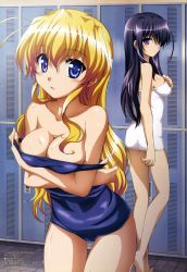 Rule 34 | 2girls, absurdres, black hair, blonde hair, blue eyes, breasts, cleavage, completely nude, covering privates, covering breasts, fortune arterial, hair over one eye, highres, isono satoshi, kuze kiriha, large breasts, locker, locker room, long hair, looking back, medium breasts, megami magazine, multiple girls, naked towel, no bra, no panties, non-web source, nude, official art, one-piece swimsuit, school swimsuit, sendou erika, swimsuit, topless, towel, undressing, very long hair
