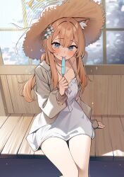 Rule 34 | 1girl, absurdres, alternate costume, alternate hairstyle, animal ear fluff, animal ears, blue archive, blue eyes, blush, cat ears, cat girl, collarbone, commentary request, dress, flower, food, hair flower, hair ornament, halo, hat, highres, holding, holding food, holding popsicle, jacket, licking, long hair, long sleeves, looking at viewer, low ponytail, mari (blue archive), muo (muojjang 0929), open clothes, open jacket, orange hair, popsicle, puffy long sleeves, puffy sleeves, single bare shoulder, single off shoulder, sitting, solo, straw hat, thighs, white dress, white jacket, wooden floor, yellow halo