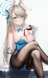 Rule 34 | 1girl, asuna (blue archive), asuna (bunny) (blue archive), bare shoulders, blue archive, blue leotard, bow, bowtie, breasts, brown pantyhose, crossed legs, detached collar, halo, highres, large breasts, leotard, long hair, looking at viewer, mole, mole on breast, pantyhose, playboy bunny, sitting, smile, solo, ssong2, strapless, strapless leotard, thighband pantyhose, traditional bowtie, very long hair