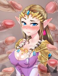 Rule 34 | 1girl, armor, artist name, blue eyes, blush, braid, breasts, brown hair, censored, chichi band, cleavage, closed mouth, collarbone, covered erect nipples, cum, cum on body, cum on breasts, cum on upper body, dark-skinned male, dark skin, dress, earrings, elbow gloves, erection, eyebrows, eyelashes, facial, forehead jewel, gem, gloves, grey background, group sex, half-closed eyes, highres, imminent fellatio, jewelry, lips, long hair, looking at viewer, medium breasts, mosaic censoring, multiple boys, multiple penises, necklace, nintendo, penis, pink lips, pointy ears, princess zelda, shiny skin, shoulder armor, simple background, solo focus, sweat, testicles, the legend of zelda, the legend of zelda: ocarina of time, thick eyebrows, tiara, twin braids, upper body, veins, veiny penis, watermark