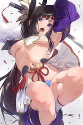 Rule 34 | 1girl, armor, arms behind head, asymmetrical sleeves, black hair, blue eyes, blue gloves, blue panties, breasts, commentary request, detached sleeves, fate/grand order, fate (series), feather hair ornament, feathers, gloves, hair ornament, highres, japanese armor, katana, kusazuri, long hair, looking at viewer, medium breasts, mismatched sleeves, navel, open mouth, panties, parted bangs, revealing clothes, sheath, side ponytail, solo, sword, thighs, to gemichi, underboob, underwear, ushiwakamaru (fate), weapon