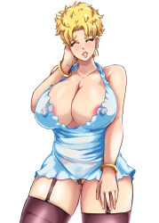 Rule 34 | 1girl, ^ ^, areola slip, bangle, bare shoulders, blonde hair, blue dress, blush, bracelet, breasts, cleavage, closed eyes, covered erect nipples, cowboy shot, dragon ball, dragonball z, dress, earrings, female pubic hair, garter straps, huge breasts, jewelry, lipstick, makeup, mature female, micro panties, minidress, nekuraneko, nipples, no bra, panchy, panties, panty peek, parted lips, partially visible vulva, pink lips, pubic hair, pubic hair peek, pussy, revealing clothes, see-through, short dress, short hair, simple background, sleeveless, sleeveless dress, smile, solo, standing, thick thighs, thigh strap, thighhighs, thighs, thong, underwear, white background