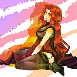 Rule 34 | 1girl, character request, discharge cycle, garter belt, garter straps, gender request, genderswap, johann, long hair, m.u.g.e.n, rage of the dragons, red eyes, red hair, snk, solo, thighhighs, tobi (discharge cycle)