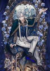 Rule 34 | 1boy, absurdres, blue eyes, blue flower, blue nails, blue rose, blue vest, brown shirt, cloak, collared shirt, commission, earrings, flower, grey hair, hair over one eye, highres, jewelry, long sleeves, looking at viewer, male focus, mirror, open mouth, original, pants, rose, shirt, signature, single earring, sitting, smile, tomoyami, vest, white pants
