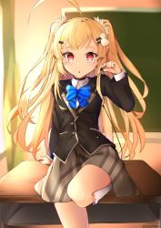 Rule 34 | 1girl, azur lane, blonde hair, blouse, blue bow, blue bowtie, blurry, blush, bow, bowtie, classroom, collared shirt, day, depth of field, desk, eldridge (azur lane), eldridge (the inquisitive recluse) (azur lane), female focus, highres, indoors, kano (kanokano44), kneehighs, long hair, red eyes, school, school desk, shirt, smile, socks, solo, striped bow, striped bowtie, striped clothes, twintails, two side up, uniform, very long hair, white shirt, white socks