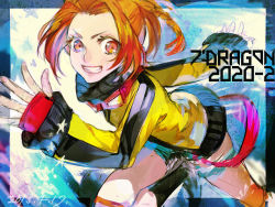 Rule 34 | 1girl, 7th dragon (series), 7th dragon 2020, 7th dragon 2020-ii, dated, destroyer (7th dragon 2020), foreshortening, goggles, goggles around neck, grin, jacket, looking at viewer, nishihara isao, orange eyes, orange hair, running, short shorts, shorts, smile, solo, teeth, torn clothes, torn shorts, yellow jacket