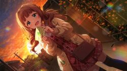 Rule 34 | 1girl, blue eyes, brown hair, cloud, game cg, idolmaster, idolmaster million live!, idolmaster million live! theater days, low twintails, official art, open mouth, solo, takatsuki yayoi, thighhighs, twintails, wire