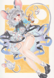 Rule 34 | 1girl, absurdres, accidental exposure, ahoge, animal ear fluff, animal ears, basket, black footwear, blouse, blue capelet, blush, breasts, capelet, commentary request, crystal, dress, full body, grey dress, grey hair, hair between eyes, highres, jewelry, legs, long sleeves, looking at viewer, mouse (animal), mouse ears, mouse girl, mouse tail, nazrin, open mouth, orange background, panties, pendant, red eyes, shiny skin, shirt, shoes, short hair, side-tie panties, small breasts, socks, solo, tail, touhou, tsugumi (tky-fam), underwear, white background, white panties, white shirt, white socks