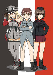 Rule 34 | 10s, 3girls, absurdres, bismarck (kancolle), boots, cross, crossed arms, german flag, germany, gertrud barkhorn, girls und panzer, gloves, hat, highres, hoshino banchou, iron cross, kantai collection, keygift, military, military uniform, multiple girls, nishizumi maho, skirt, strike witches, thighhighs, twintails, uniform, world witches series