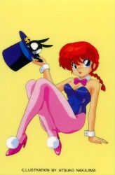 Rule 34 | 1990s (style), 1girl, artist name, blue eyes, blue leotard, bow, bowtie, braid, breasts, cleavage, crossed legs, detached collar, full body, genderswap, genderswap (mtf), hat, high heels, highres, holding, holding clothes, holding hat, leotard, long hair, medium breasts, nakajima atsuko, official art, open mouth, p-chan, pantyhose, pig, piglet, pink bow, pink bowtie, ranma-chan, ranma 1/2, red hair, retro artstyle, saotome ranma, simple background, single braid, solo, strapless, strapless leotard, top hat, unworn hat, unworn headwear, wrist cuffs, yellow background