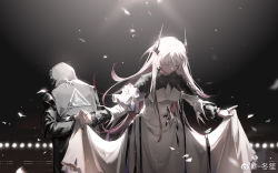 Rule 34 | 1girl, 1other, absurdres, arknights, babel logo (arknights), chinese commentary, closed eyes, coat, commentary request, cowboy shot, doctor (arknights), dongsheng, dress, from behind, highres, hood, hooded coat, horns, jewelry, long hair, long sleeves, pink hair, ring, simple background, skirt hold, standing, theresa (arknights), white dress