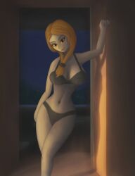 Rule 34 | 1girl, black lingerie, breasts, brown eyes, casual, colored skin, curvy, female focus, grey skin, huge breasts, lingerie, midna, midnight, navel, night, nintendo, orange hair, purple mouth, red eyes, red hair, saf-404, smile, solo, the legend of zelda, the legend of zelda: twilight princess, twili midna, underwear, wide hips