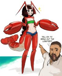 Rule 34 | 1boy, 1girl, :o, absurdres, antlers, bandeau, beard, blue shorts, blunt bangs, breasts, brown hair, cleavage, colored skin, facial hair, fat, fat man, full body, grin, highres, horns, jewelry, justadrian (yoadriandk), lobster claw, lobster girl, lobster tail, long hair, medium breasts, meme, necklace, original, outdoors, pointing, pointing at another, red skin, sharp teeth, shorts, smile, sparkle, standing, star (symbol), teeth, white background