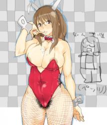 Rule 34 | 1girl, animal ears, areola slip, breasts, brown hair, cameltoe, cleavage, detached collar, female pubic hair, finger to mouth, gigantic breasts, glasses, large areolae, long hair, plump, pubic hair, rabbit ears, solo, takayama toshinori, thick thighs, thighs, upper body, wide hips, wrist cuffs