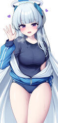 Rule 34 | 1girl, :d, absurdres, blue archive, blue hair, blunt bangs, blush, breasts, buruma, halo, heart, heavy breathing, highres, jacket, large breasts, long hair, medium breasts, metaljelly, noa (blue archive), off shoulder, open mouth, purple eyes, simple background, smile, solo, sweat, very long hair, white background