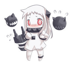 Rule 34 | 10s, 1girl, abyssal ship, anklet, blush, chibi, colored skin, dress, erusen, erusen (des-arms), flying sweatdrops, horns, jewelry, kantai collection, looking at viewer, lots of jewelry, mittens, northern ocean princess, pointing, pointing at viewer, red eyes, studded bracelet, studded choker, studs, tears, white dress, white hair, white skin
