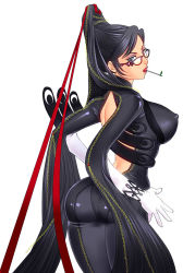 Rule 34 | 1girl, ass, back, backless outfit, bare back, bayonetta, bayonetta (series), bayonetta 1, black eyes, black hair, blue eyes, bodysuit, breasts, candy, chain, covered erect nipples, earrings, elbow gloves, female focus, food, glasses, gloves, hair bun, hair ribbon, jewelry, large breasts, lipstick, lollipop, long hair, looking back, makeup, nipples, red ribbon, ribbon, single hair bun, solo, tokisige, very long hair
