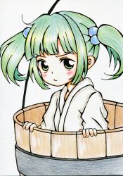 Rule 34 | &gt;:/, 1girl, :/, bucket, colored pencil (medium), green eyes, green hair, highres, in bucket, in container, kisume, meme-tan (bana nan26), short hair, solo, touhou, traditional media, twintails, v-shaped eyebrows