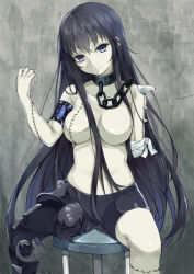 Rule 34 | 1girl, amputee, bad id, bad pixiv id, bandages, bike shorts, black hair, blue eyes, breasts, capsule, chain, choker, collar, double amputee, expressionless, eyebrows, head tilt, long hair, looking afar, looking at viewer, machinery, mechanical arms, medium breasts, original, shorts, sidelocks, single mechanical arm, sitting, skin tight, solo, spread legs, stitches, very long hair, yappen, yatsu (sasuraino)