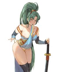 Rule 34 | biting, biting clothes, breasts, clothes in mouth, clothes lift, fire emblem, fire emblem heroes, green eyes, green hair, high ponytail, highres, katana, large breasts, lyn (fire emblem), ninja, nintendo, nipples visible through clothes, panties, panty pull, plunging neckline, ponytail, skirt, skirt in mouth, skirt lift, sword, tezy8art, thighhighs, thong, underwear, weapon, yellow panties