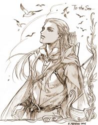 Rule 34 | 1boy, arrow (projectile), belt, bird, bracer, braid, cape, commentary, dated, elf, highres, hood, hood down, hooded robe, kazuki-mendou, tolkien&#039;s legendarium, legolas, long hair, male focus, monochrome, parted lips, pointy ears, quiver, robe, seagull, sepia, signature, solo, the lord of the rings
