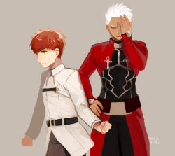 Rule 34 | 2boys, archer (fate), belt, belt buckle, buckle, chaldea uniform, dark skin, dated, emiya shirou, facepalm, fate/grand order, fate/stay night, fate (series), from side, grey background, hand on own hip, hand on own face, kani seijin, male focus, multiple boys, red hair, signature, simple background, upper body, alternate universe, white hair, yellow eyes