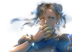 Rule 34 | 1girl, absurdres, apple, blue dress, bracelet, bun cover, capcom, china dress, chinese clothes, chun-li, double bun, dress, earrings, eating, food, frills, fruit, grey eyes, highres, holding, holding food, holding fruit, jewelry, looking to the side, puffy sleeves, solo, spiked bracelet, spikes, street fighter, street fighter ii (series), street fighter iv (series), street fighter v, upper body, yasuda akira