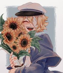 Rule 34 | 1boy, bandage over one eye, bandages, blonde hair, closed eyes, commentary, flower, hair between eyes, hat, highres, holding, male focus, oliver (vocaloid), open mouth, sailor collar, sailor hat, sak ch21, shirt, simple background, smile, solo, symbol-only commentary, tagme, teeth, vocaloid, white shirt