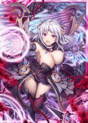 Rule 34 | 1girl, akkijin, angel wings, black dress, black gloves, black panties, black sky, breasts, cane, card (medium), castle, chaos (shinkai no valkyrie), cloud, cloudy sky, darkness, dress, drone, flying, gloves, gluteal fold, holding, holding cane, large breasts, looking at viewer, magic circle, official art, open mouth, oracle (shinkai no valkyrie), panties, red eyes, shinkai no valkyrie, silver hair, sky, tiara, underwear, weapon, wings