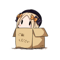 Rule 34 | 1girl, abigail williams (fate), black bow, blonde hair, bow, box, cardboard box, chibi, dated, fate/grand order, fate (series), hair bow, hatsuzuki 527, in box, in container, long hair, orange bow, simple background, solid oval eyes, solo, twitter username, white background