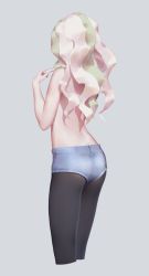 Rule 34 | 10s, 1girl, ass, black pantyhose, denim, denim shorts, diana cavendish, from behind, green hair, grey background, highres, light brown hair, little witch academia, long hair, maredoro, multicolored hair, pantyhose, pregnancy test, short shorts, shorts, simple background, solo, topless, two-tone hair