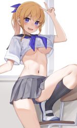 Rule 34 | 1girl, absurdres, black sailor collar, black socks, blonde hair, blue bow, blue eyes, blue neckerchief, blush, bow, breasts, commentary request, cropped shirt, embarrassed, feet on chair, grey skirt, hair between eyes, hair bow, hand up, highres, indoors, kopaka (karda nui), large breasts, leg up, looking at viewer, medium breasts, microskirt, midriff, navel, neckerchief, nervous smile, open mouth, original, pleated skirt, ponytail, sailor collar, shirt, shoes, short sleeves, sidelocks, skirt, smile, socks, solo, stomach, tearing up, thighs, underboob, uwabaki, v, wavy mouth, white footwear, white shirt, window